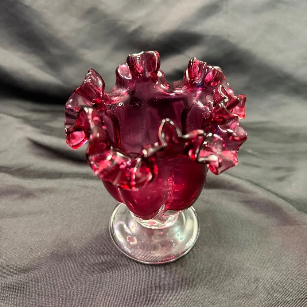 Vintage Fenton Cranberry Glass Melon Ribbed Vase Ruffled Rim Clear Pedestal Foot